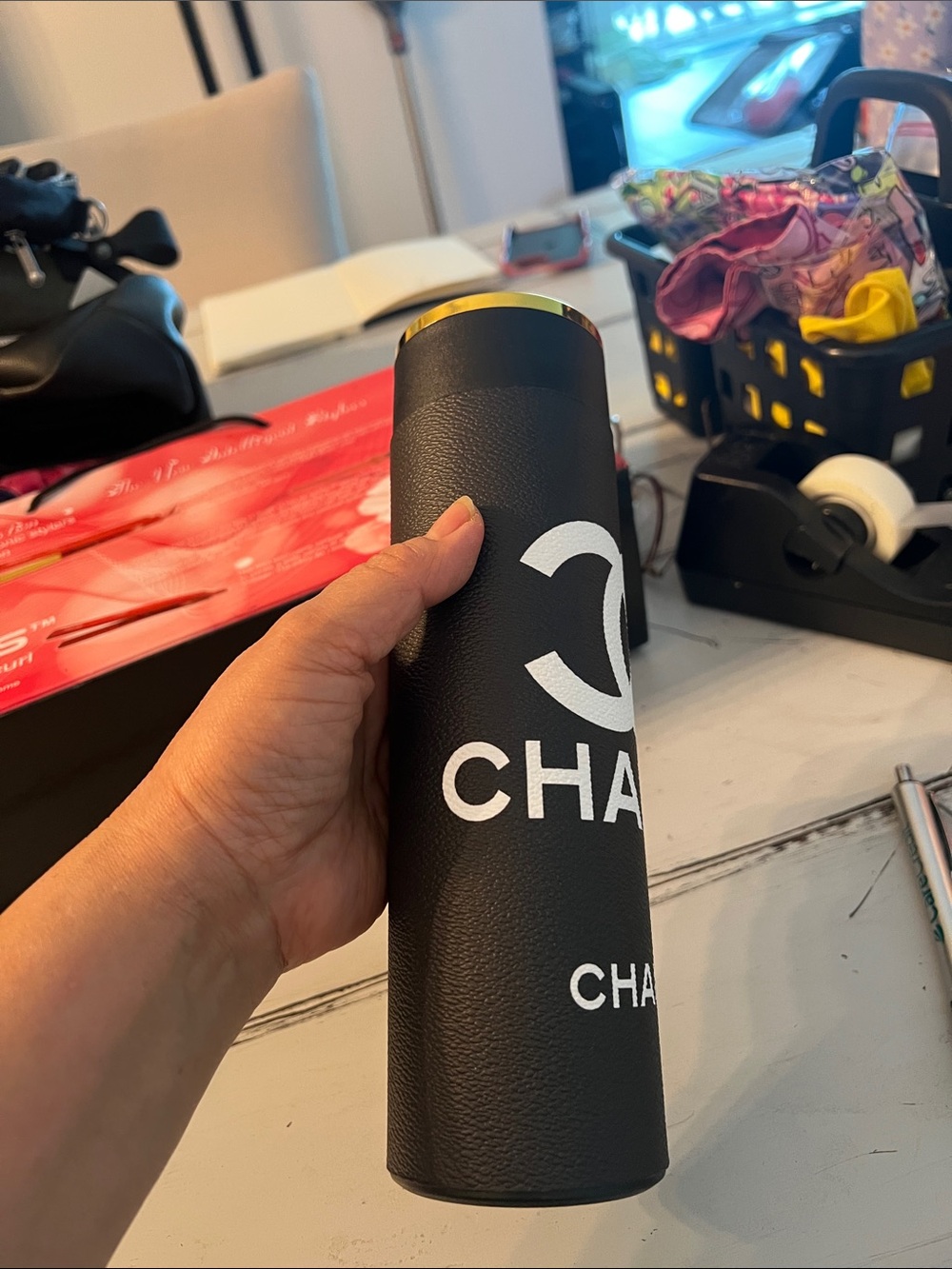 Black Leather-Look Cylinder Tumbler with White Logo